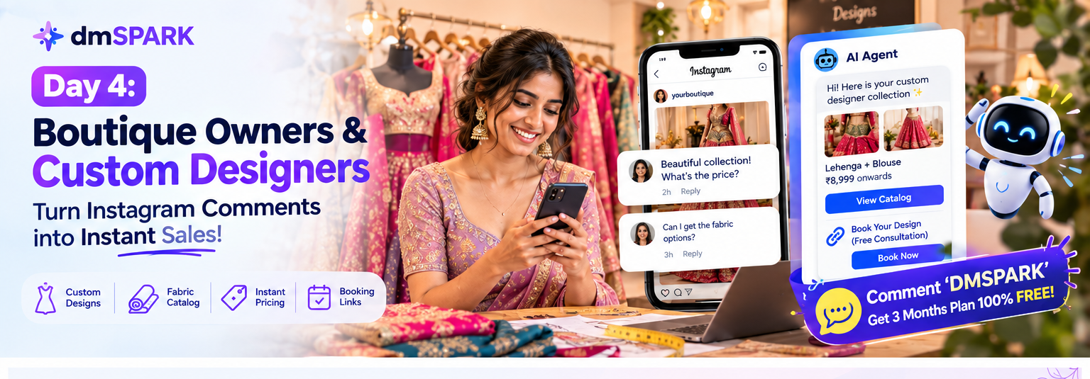 Boutique owner showcasing designer outfits with dminsecond Instagram comment automation