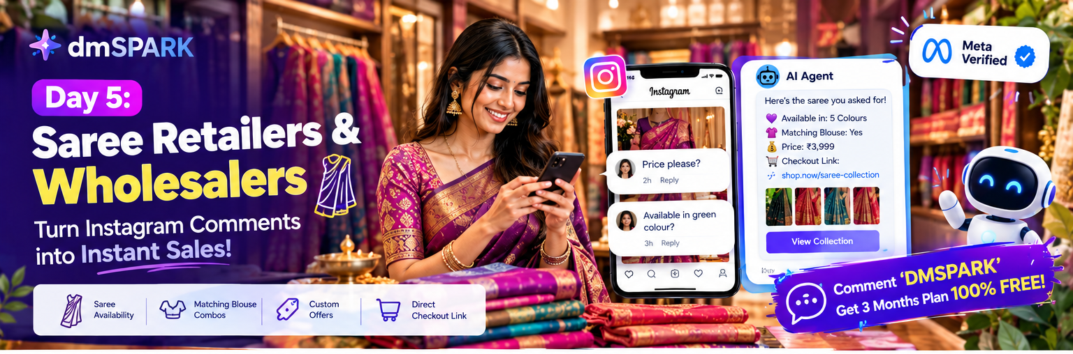 Saree retailer showcasing silk sarees and Instagram comment-to-DM automation